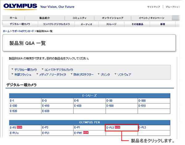 製品別 Q&A 一覧から、お問い合わせをされたい製品名を選択しクリックします