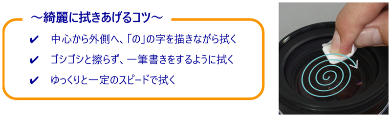 ～綺麗に拭きあげるコツ～ 中心から外側へ、「の」の字を描きながら拭くゴシゴシと擦らず、一筆書きをするように拭く ゆっくりと一定のスピードで拭く